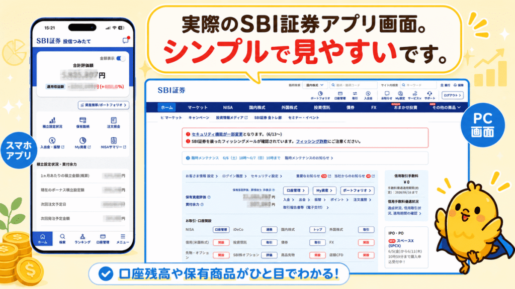実際のSBI証券アプリ画面。シンプルで見やすいです。
