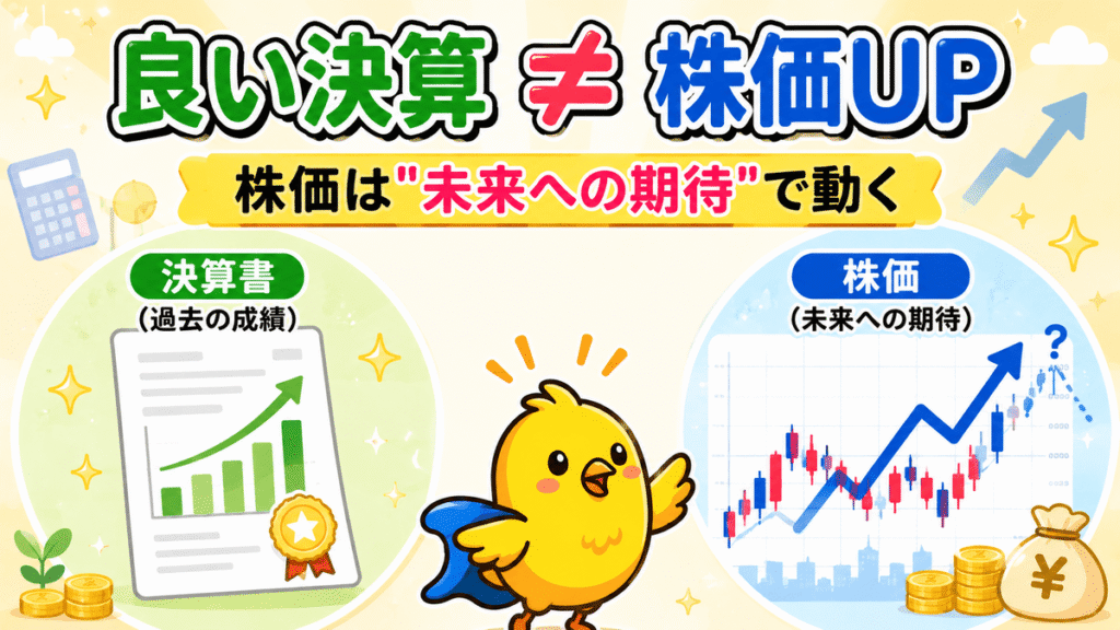 「決算と株価の関係をやさしく説明するイメージ画像」
良い決算 ≠ 株価UP　株価は"未来への期待"で動く