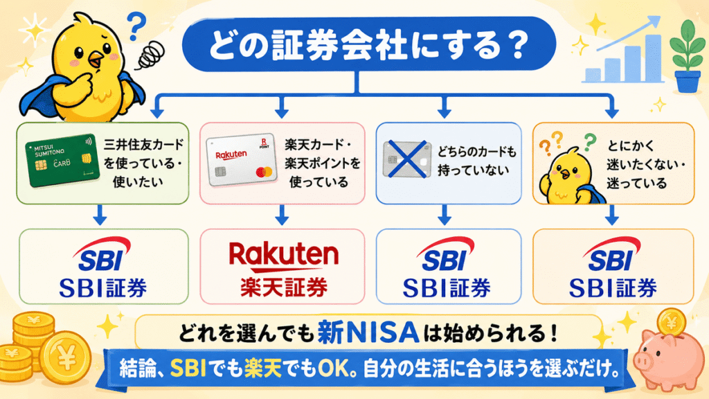 自分に合う証券会社の選び方
「どれを選んでも新NISAは始められる！」と記載。 ③【画像内テキスト】 「迷ったらSBI。自分の生活に合うほうを選ぶだけ。」
