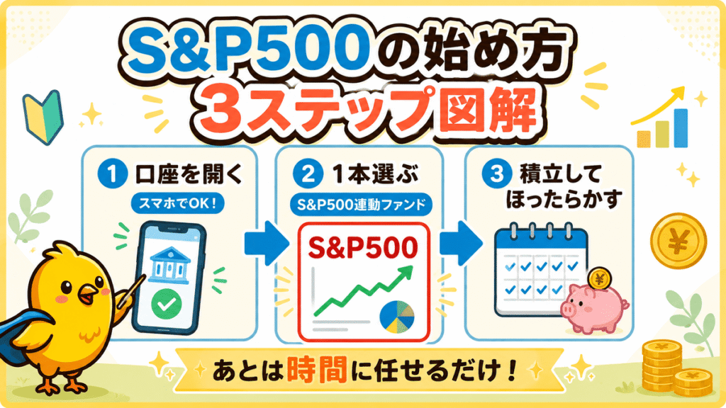 S&P500の始め方3ステップ図解
ステップ①「証券口座を開く（スマホでOK）」→ステップ②「S&P500連動ファンドを1本選ぶ」→ステップ③「積立設定してほったらかす」。最後に「あとは時間に任せるだけ！」