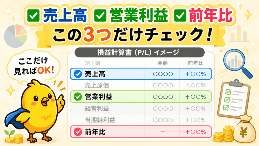 決算書のどこを見るか：初心者向けチェックリスト図解
✅ 売上高　✅ 営業利益　✅ 前年比　この3つだけチェック！