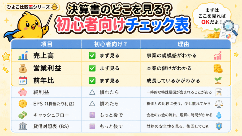 売上高
✅ まず見る
事業の規模感がわかる
営業利益
✅ まず見る
本業の儲けがわかる
前年比
✅ まず見る
成長しているかがわかる