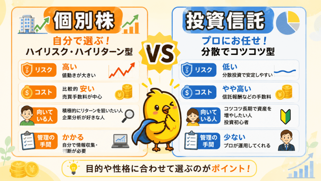  「個別株と投資信託の特徴の違いを視覚的に比べる図解」
 左：「個別株｜自分で選ぶ！ハイリスク・ハイリターン型」 右：「投資信託｜プロにお任せ！分散でコツコツ型」