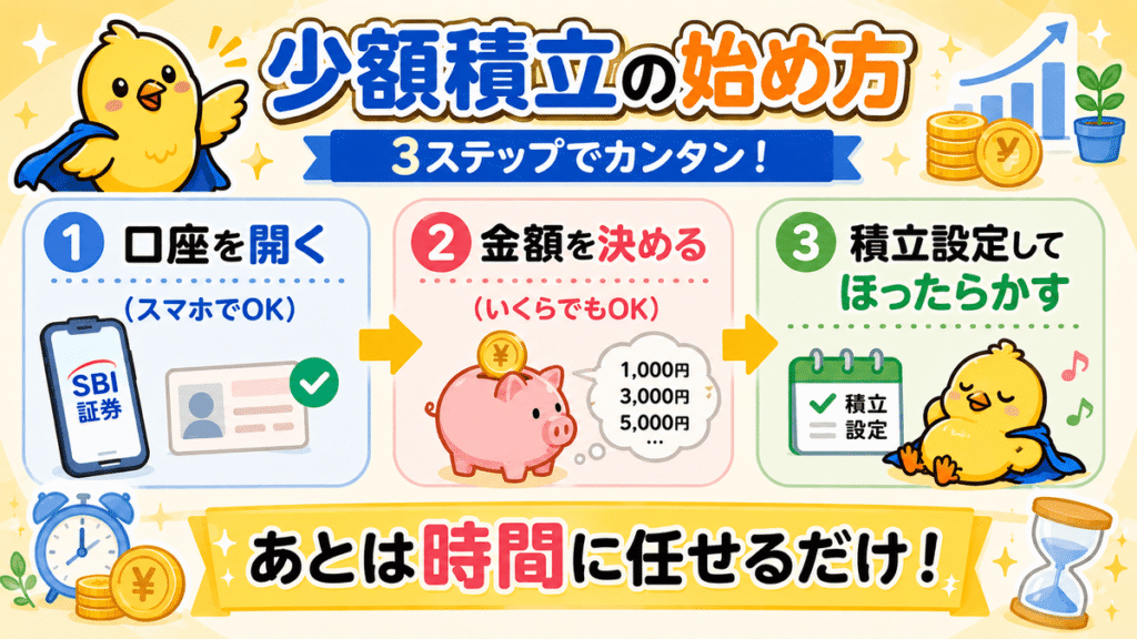 少額積立の始め方3ステップ
① 口座を開く　② 金額を決める　③ 積立設定してほったらかす