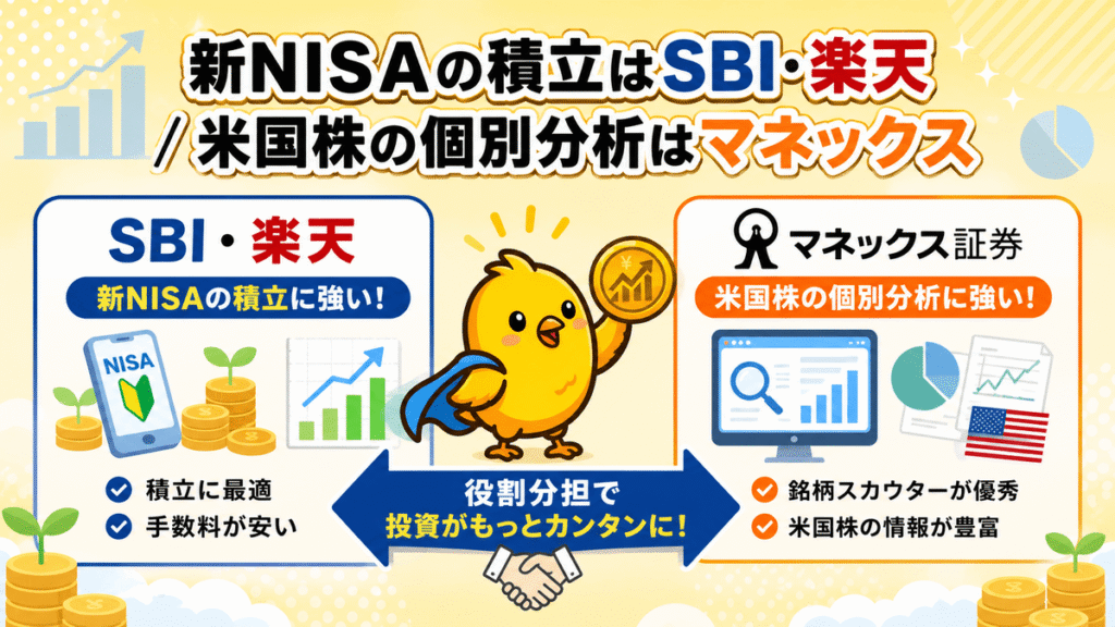 SBI証券・楽天証券とマネックス証券の役割の違いを示す図解
