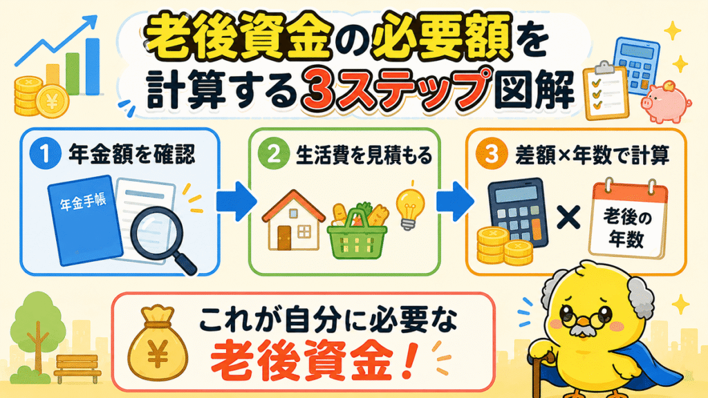 老後資金の必要額を計算する3ステップ
① 年金額を確認」「② 生活費を見積もる」「③ 差額×年数で計算」「これが自分に必要な老後資金！