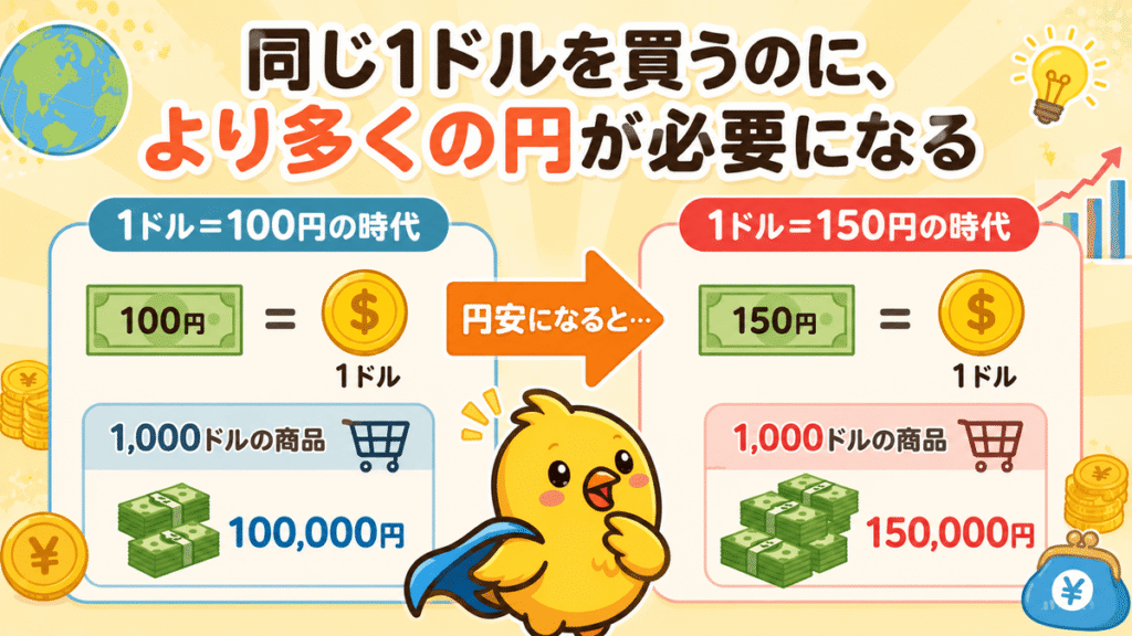 「円安の仕組みを説明する図解。1ドル100円と1ドル150円の場合で、同じ1,000ドルの商品を買うのに必要な円の金額が変わることを比較したイラスト」