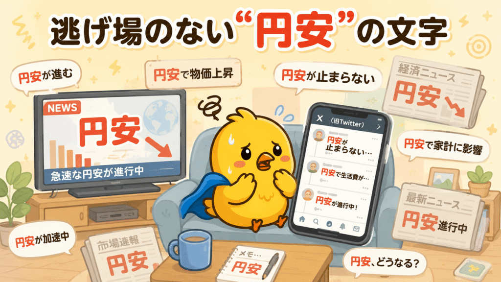 テレビとスマホの両方で円安のニュースやSNS投稿を目にして不安になっているひよこのイラスト