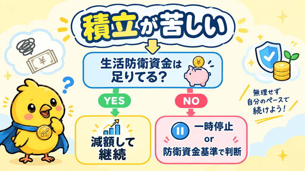 積立が苦しい時に減額・一時停止・生活防衛資金基準のどれを選ぶか示すフローチャート