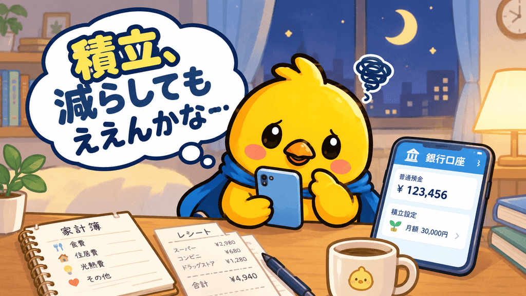 夜に銀行口座アプリを見ながら積立額の減額を悩むひよこのイラスト