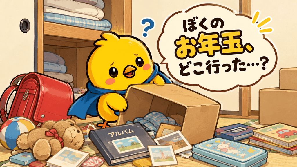 実家の押し入れで、子どもの頃のお年玉を入れた通帳を探すひよこのイラスト