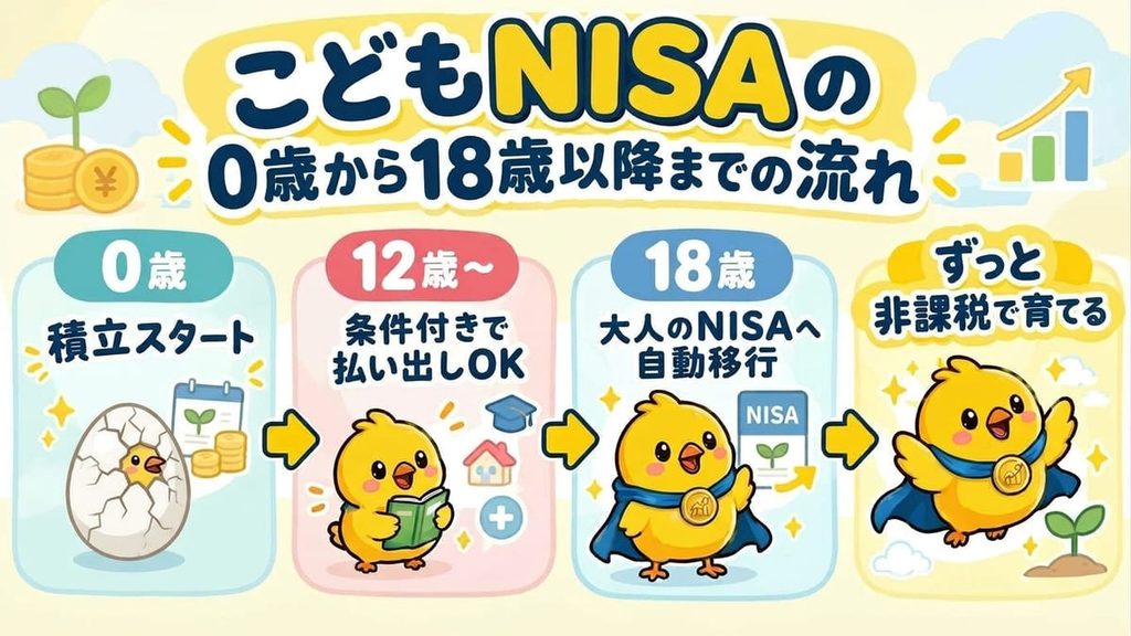 「こどもNISAの流れ。0歳で積立を始め、12歳から条件付きで払い出しができ、18歳で大人のNISAのつみたて投資枠へ自動で移る」
